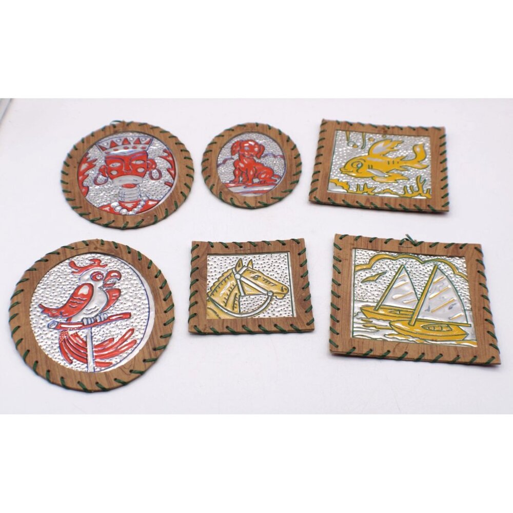 Set 6 Vintage Tin Wood Handmade Wall Art Coasters Nautical Animal Tribal Thin